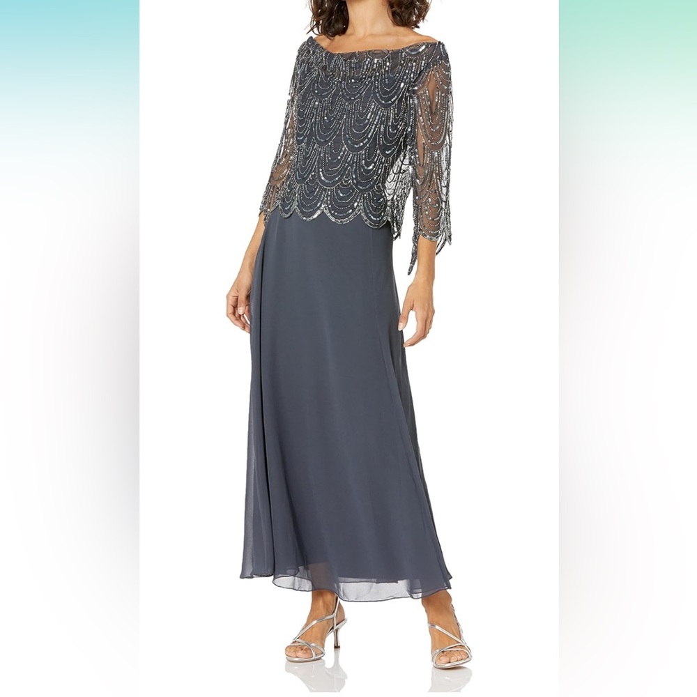 J Kara Women's Petite 3/4 Scallop Beaded Pop Over Gown Size 20W